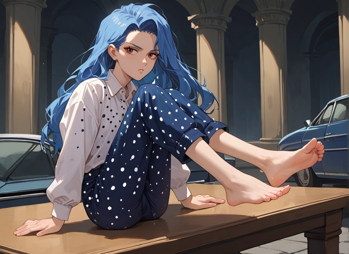 barefoot, feet, blue hair, long hair, 1girl, car · Yamete.gg