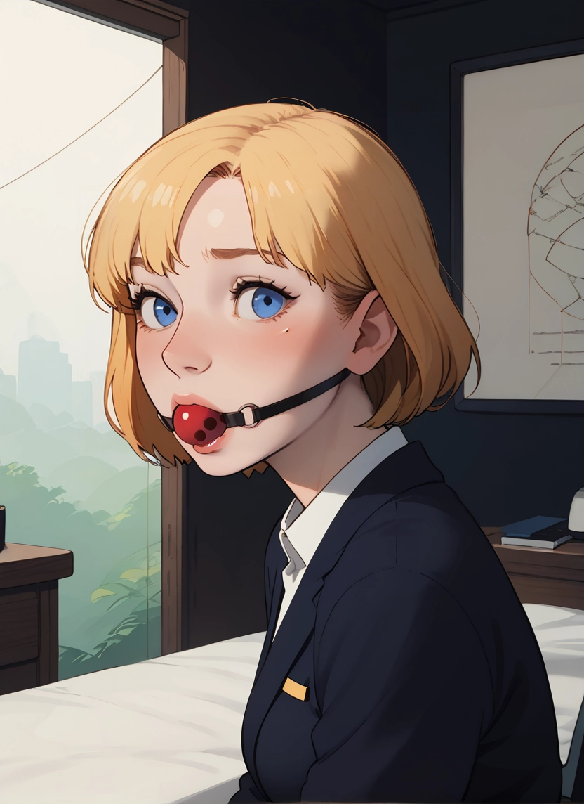 ball gag, 1girl, blonde hair, gag, blue eyes, solo