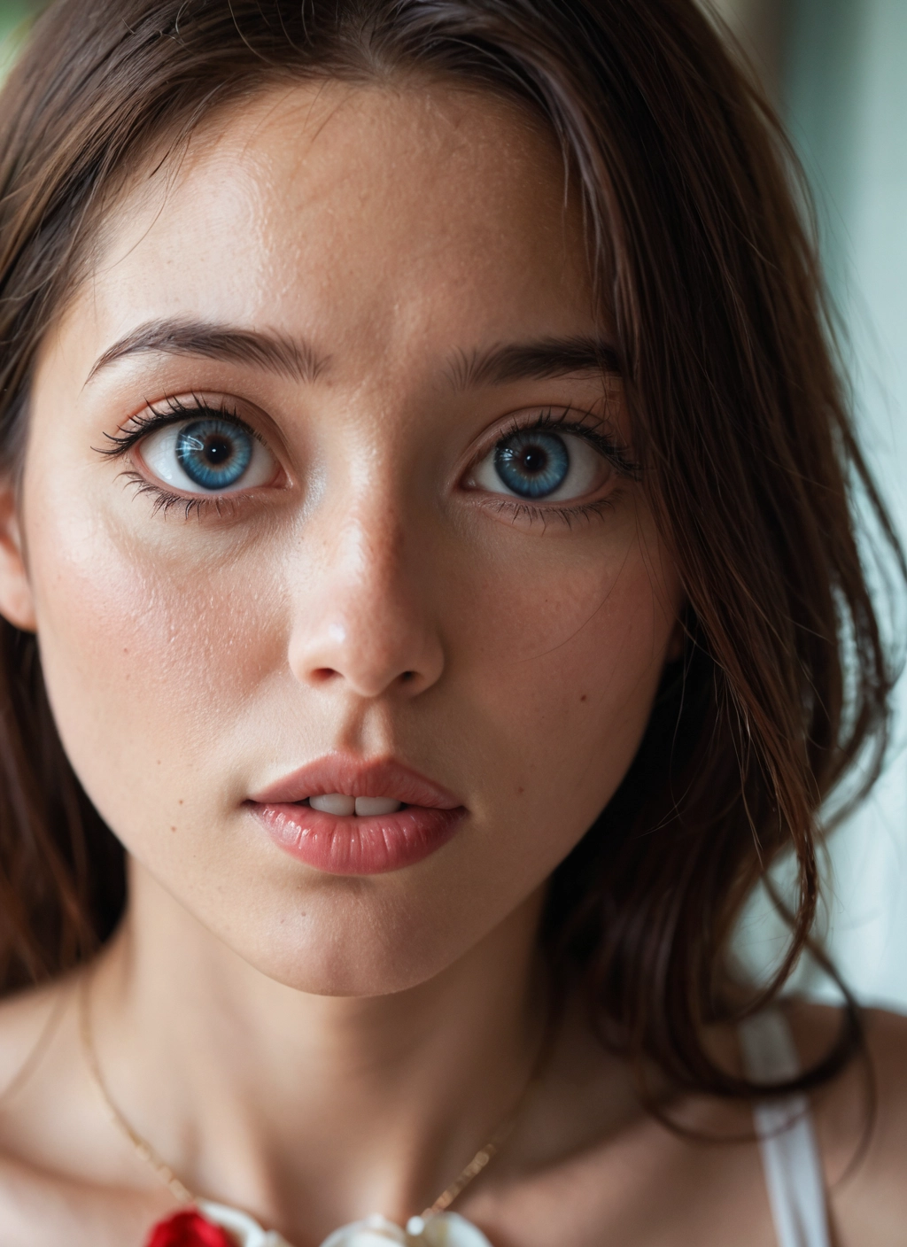 1girl, solo, blue eyes, brown hair, jewelry, looking at viewer · Yamete.gg