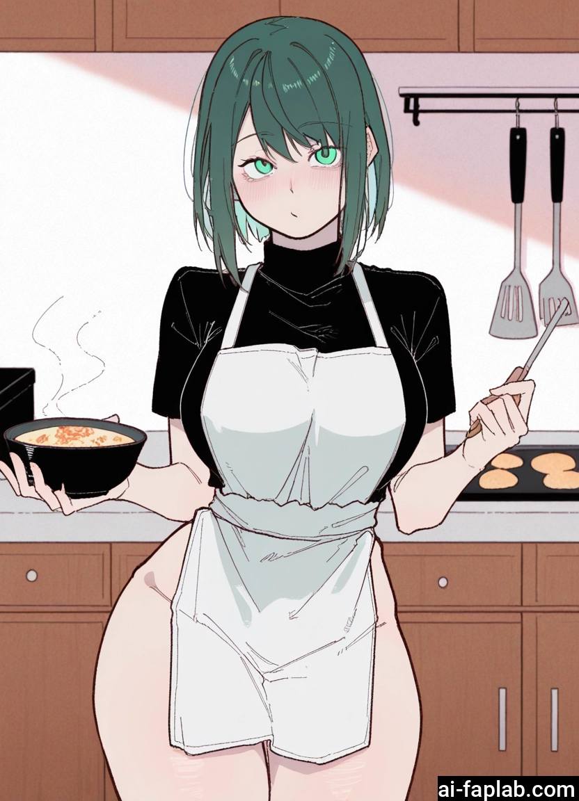 1girl, apron, breasts, green eyes, solo, spatula · Yamete.gg