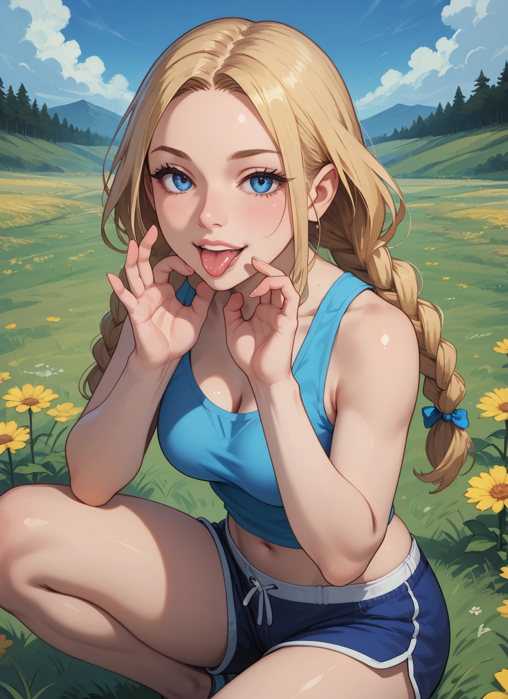 1girl, breasts, shorts, braid, flower, tongue · Yamete.gg