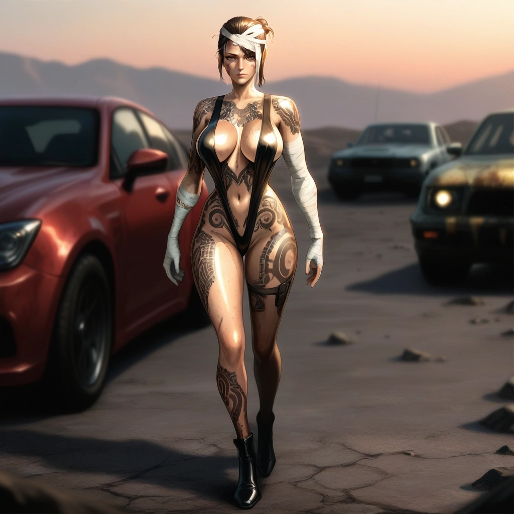 1girl, motor vehicle, ground vehicle, breasts, car, bandages · Yamete.gg