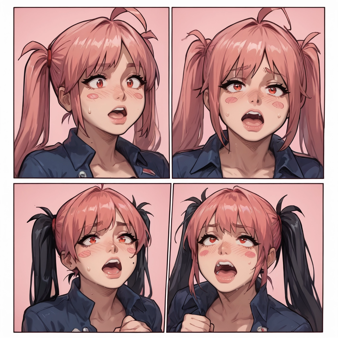 1girl, twintails, open mouth, blush, mole, pink hair