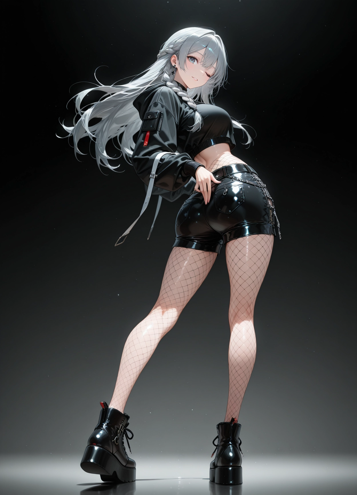1girl, ass, shorts, one eye closed, long hair, fishnets · Yamete.gg