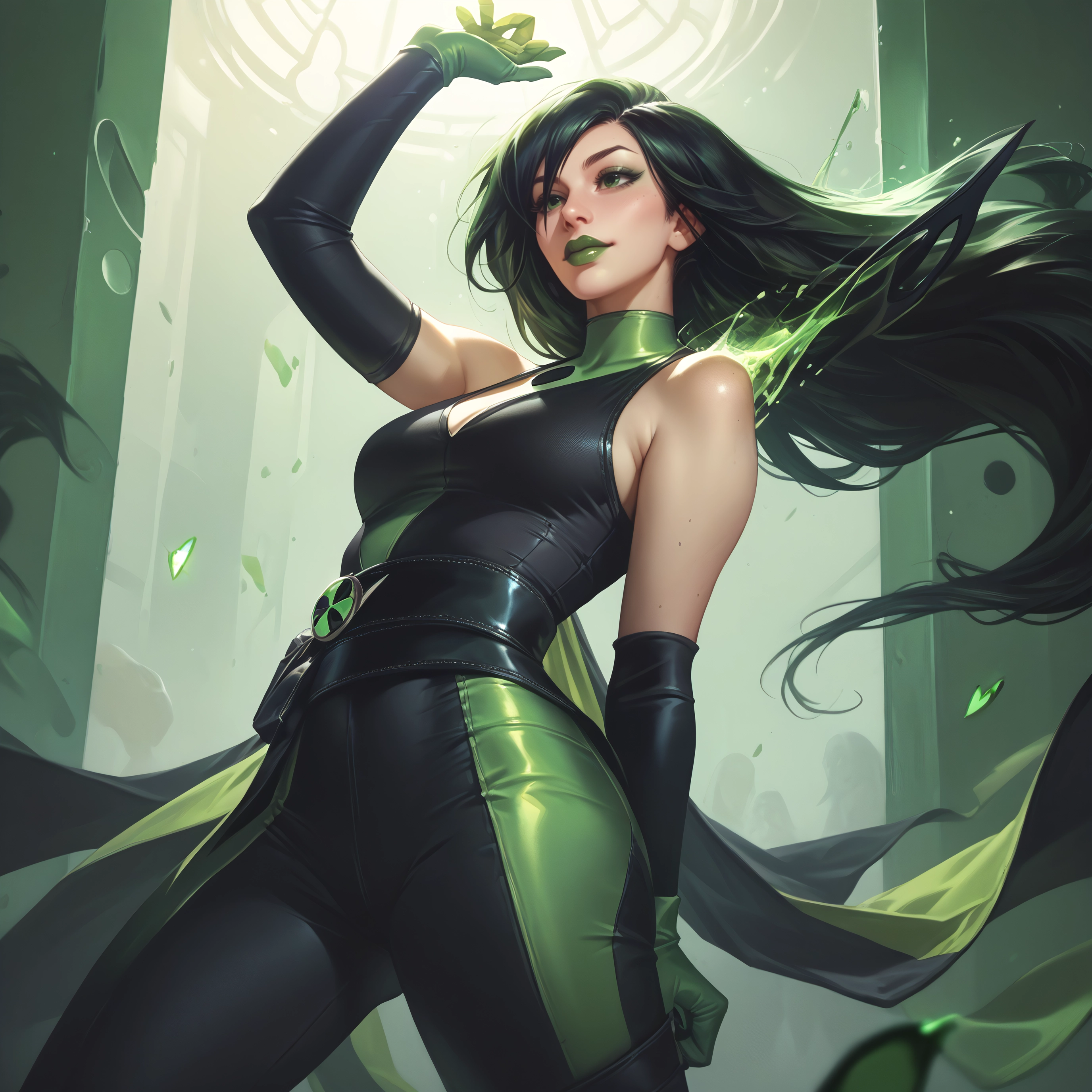 1girl, gloves, long hair, breasts, makeup, green hair · Yamete.gg