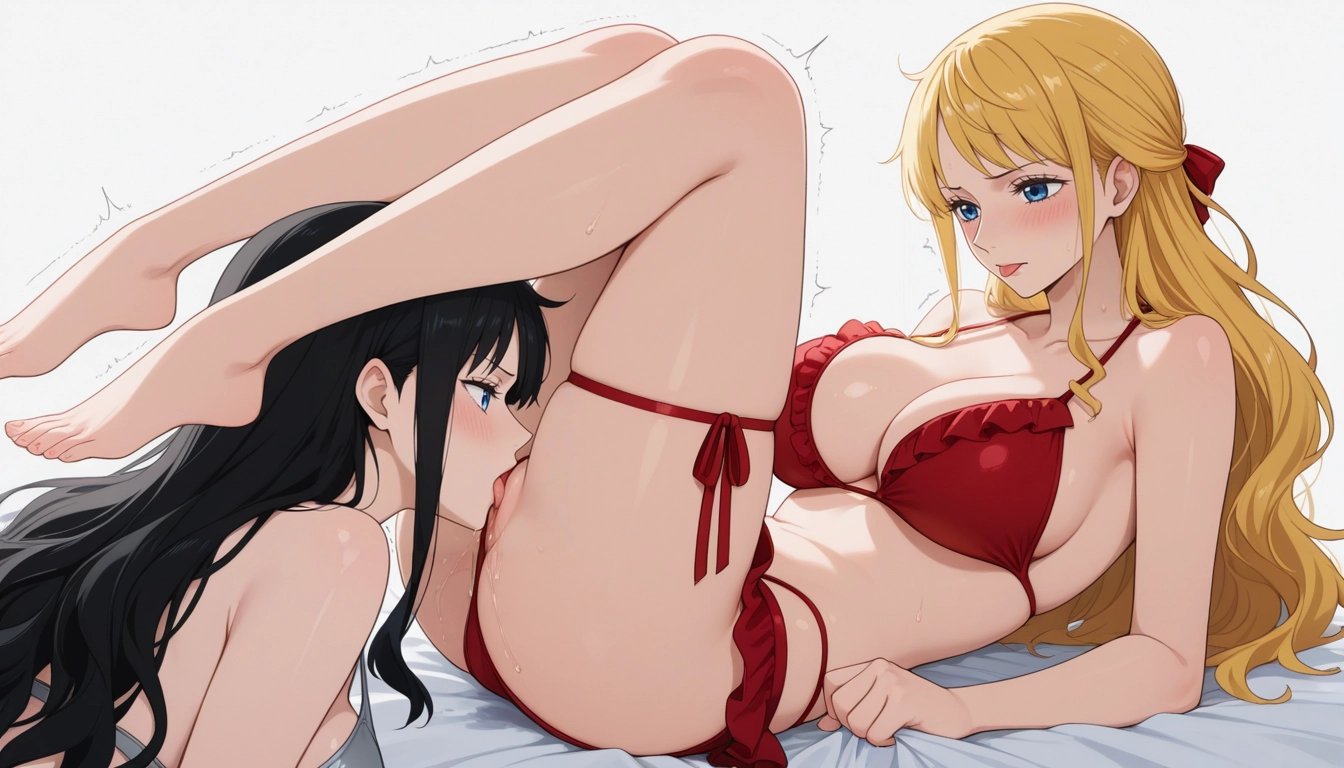 cunnilingus, breasts, blue eyes, yuri, multiple girls, frilled bikini · Yamete.gg