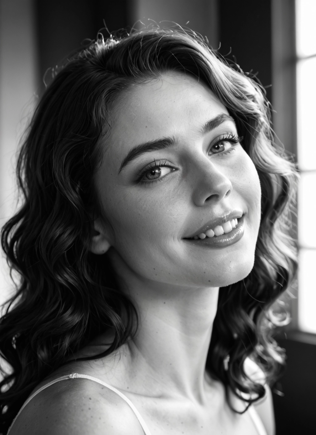 1girl, solo, greyscale, monochrome, realistic, smile · Yamete.gg