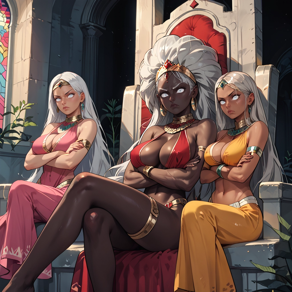 breasts, multiple girls, 3girls, jewelry, dark skin, crossed arms