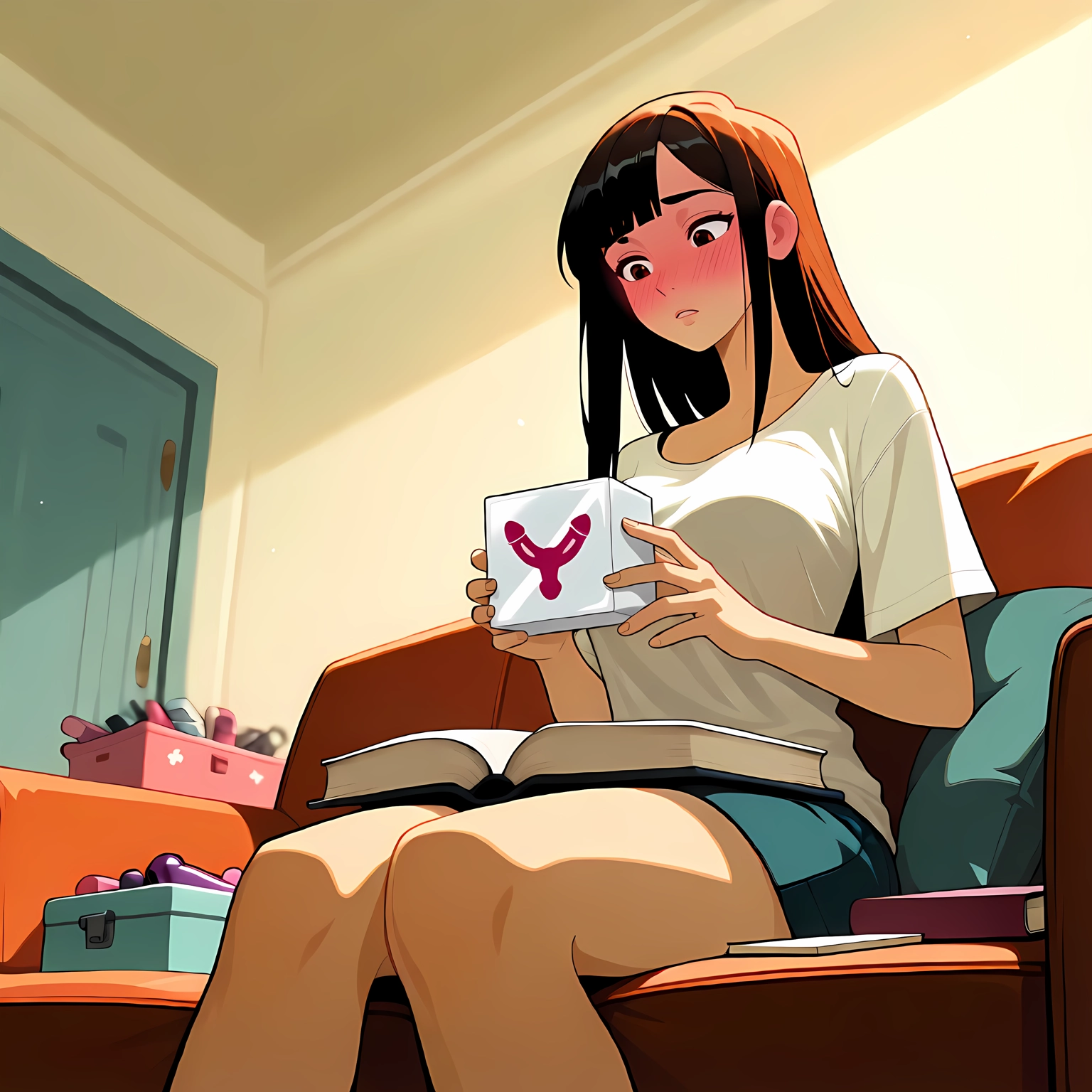 1girl, solo, blush, sitting, shirt, cup · Yamete.gg