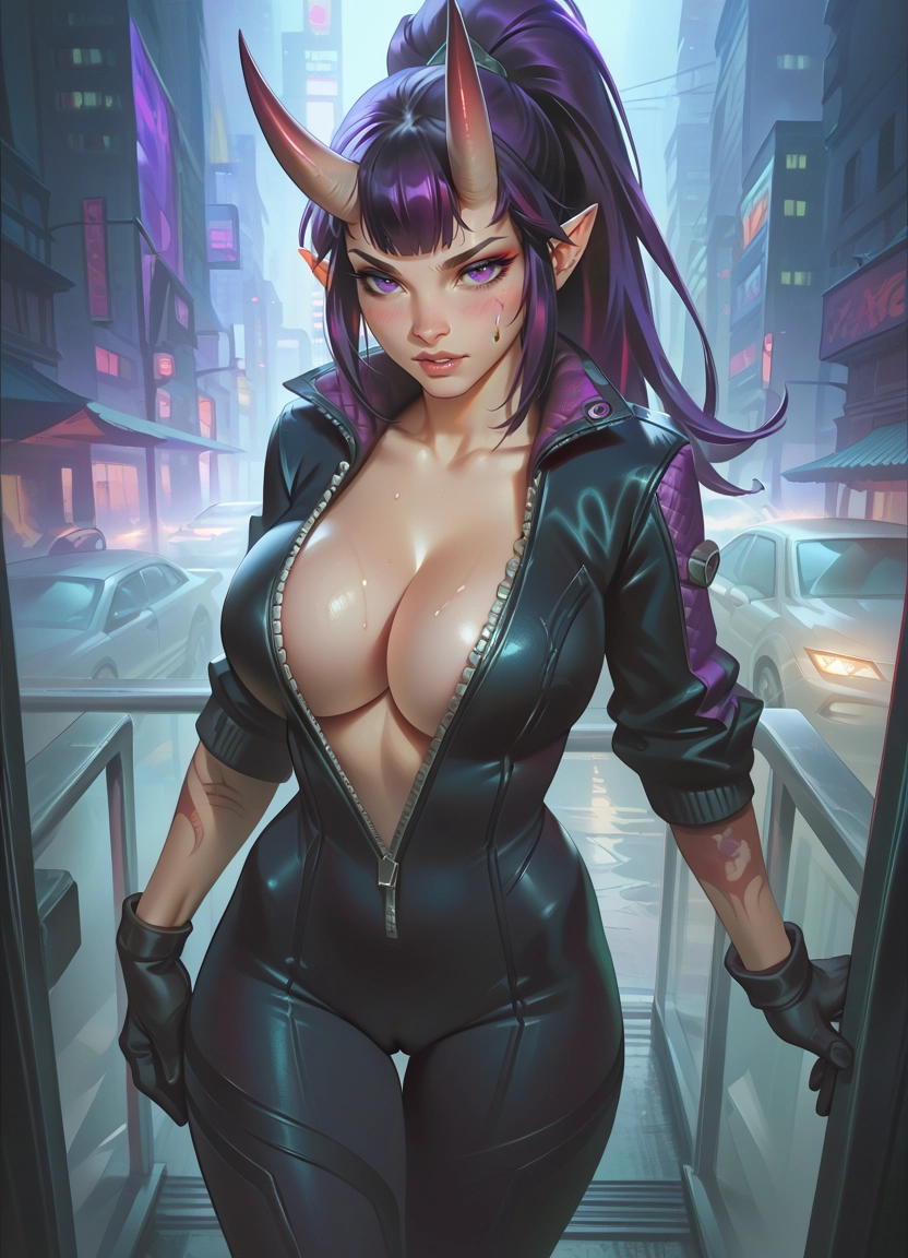 1girl, breasts, purple eyes, large breasts, purple hair, solo · Yamete.gg