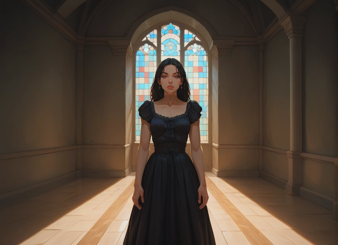 1girl, solo, dress, stained glass, long hair, black dress · Yamete.gg