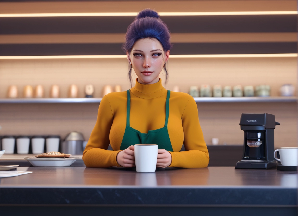 1girl, cup, apron, earrings, food, looking at viewer · Yamete.gg