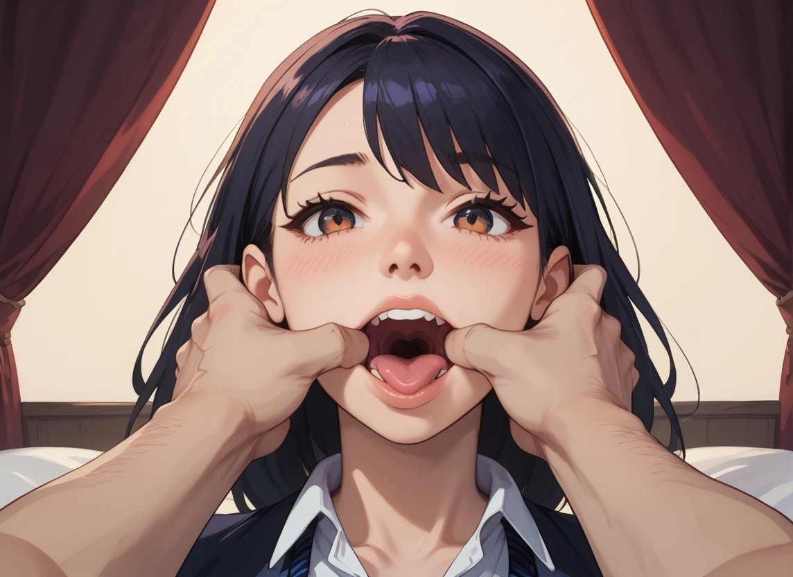 1girl, tongue, open mouth, looking at viewer, black hair, teeth · Yamete.gg