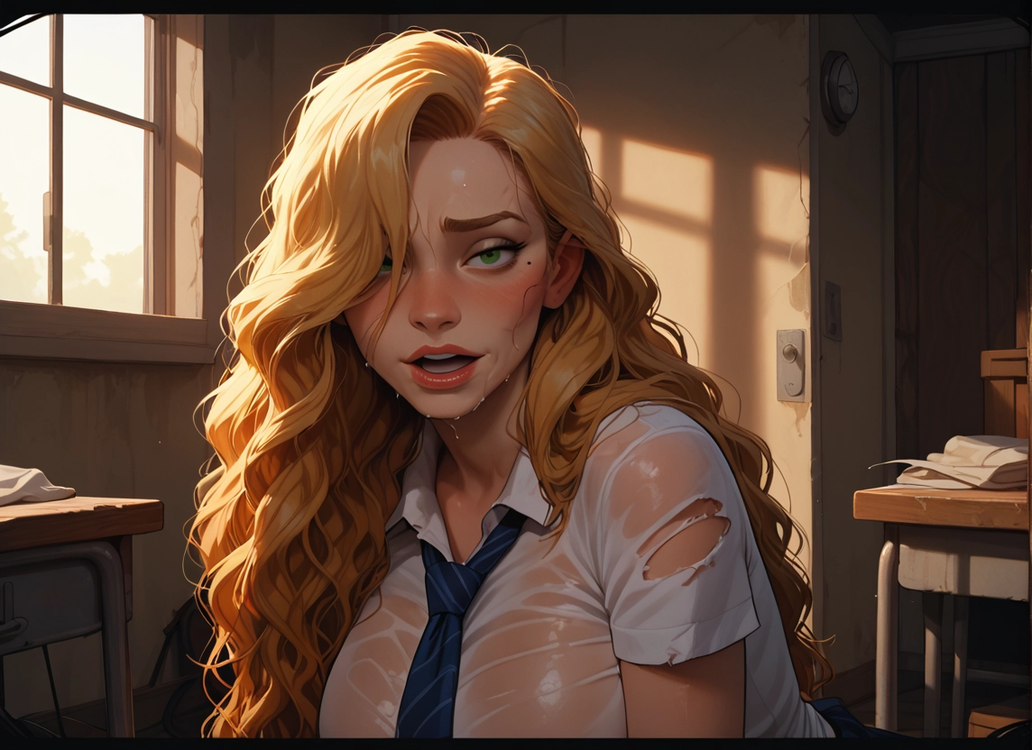 1girl, green eyes, shirt, long hair, wet clothes, necktie · Yamete.gg