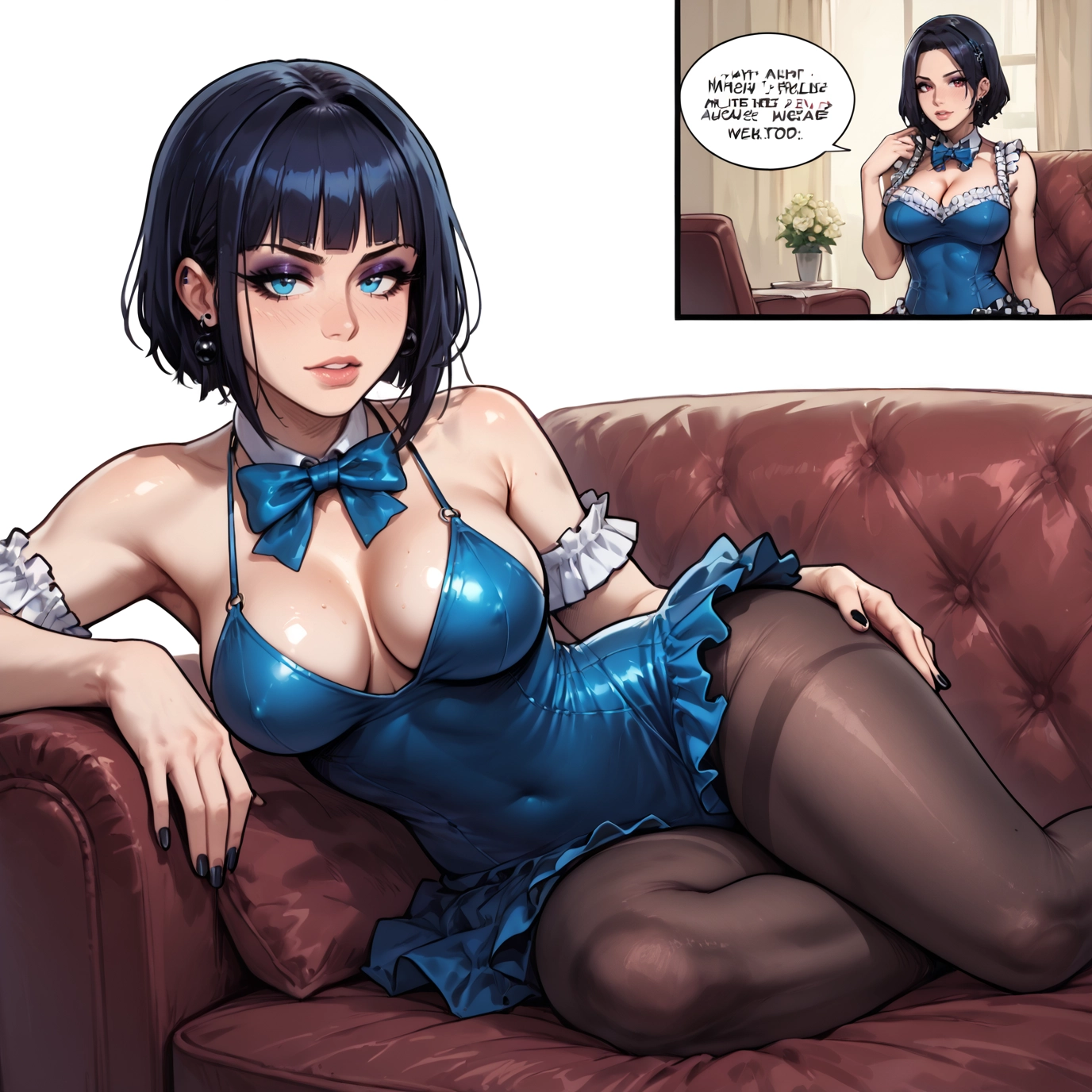 breasts, pantyhose, 1girl, english text, blue eyes, short hair · Yamete.gg
