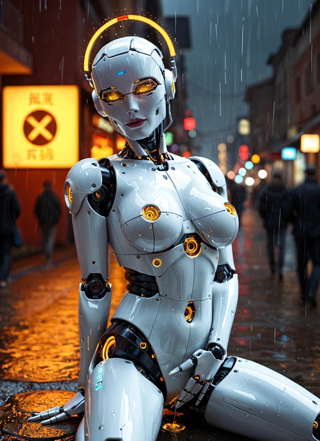 rain, 1girl, breasts, wet, humanoid robot, robot joints · Yamete.gg