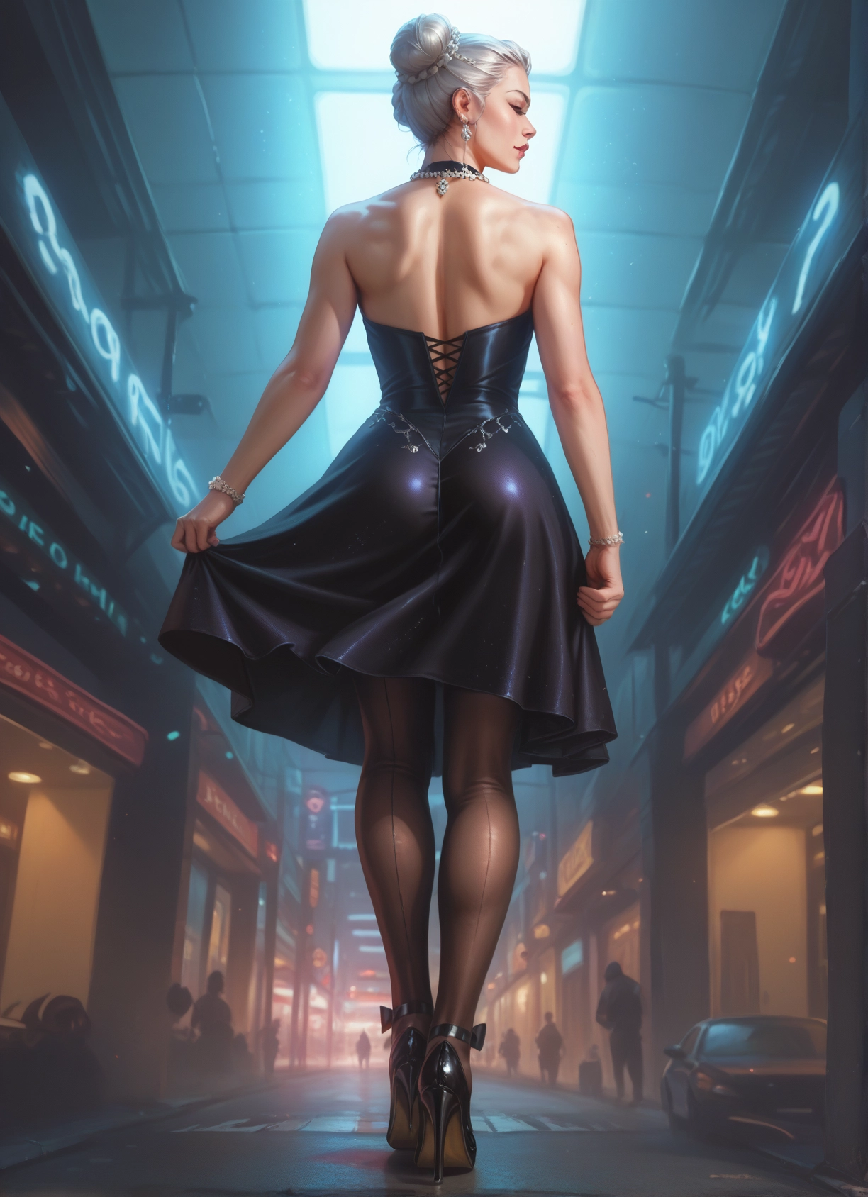 1girl, dress, jewelry, high heels, pantyhose, earrings · Yamete.gg