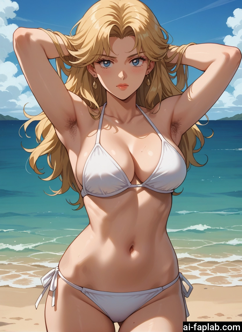1girl, swimsuit, breasts, bikini, blonde hair, jewelry