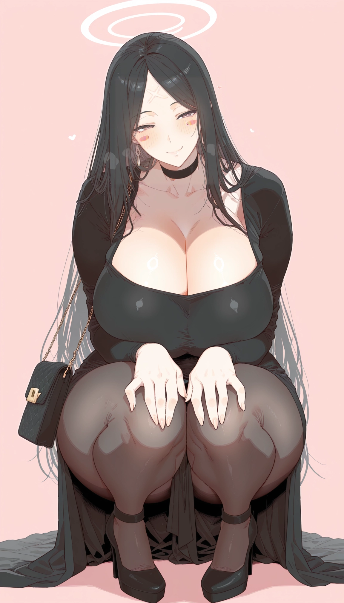 breasts, 1girl, pantyhose, black hair, squatting, long hair · Yamete.gg