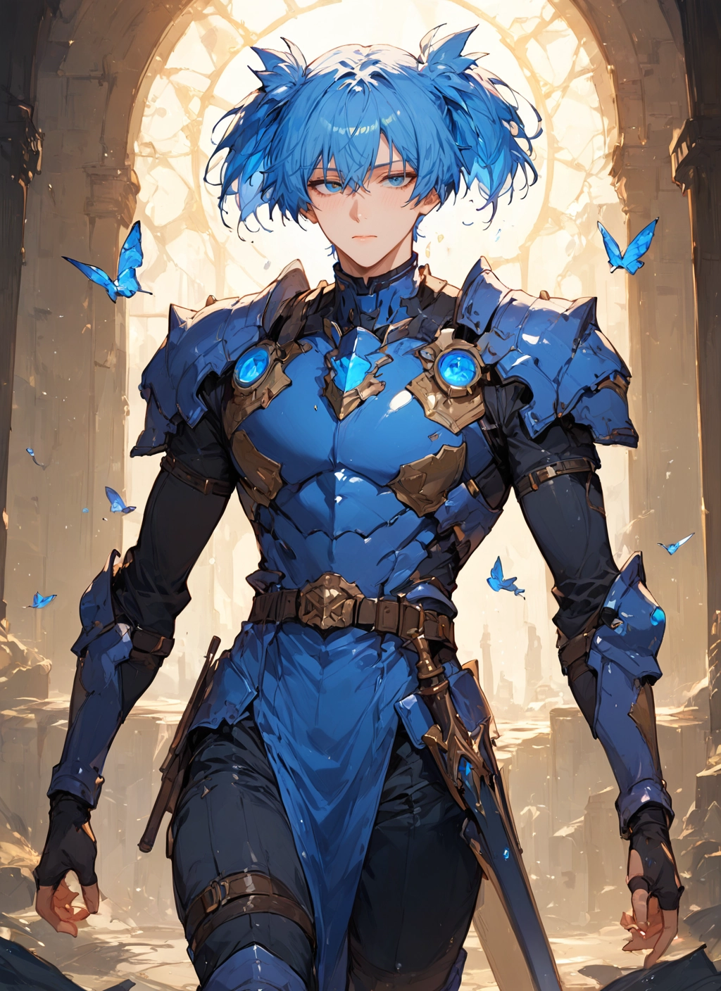 armor, butterfly, bug, blue eyes, blue hair, solo · Yamete.gg