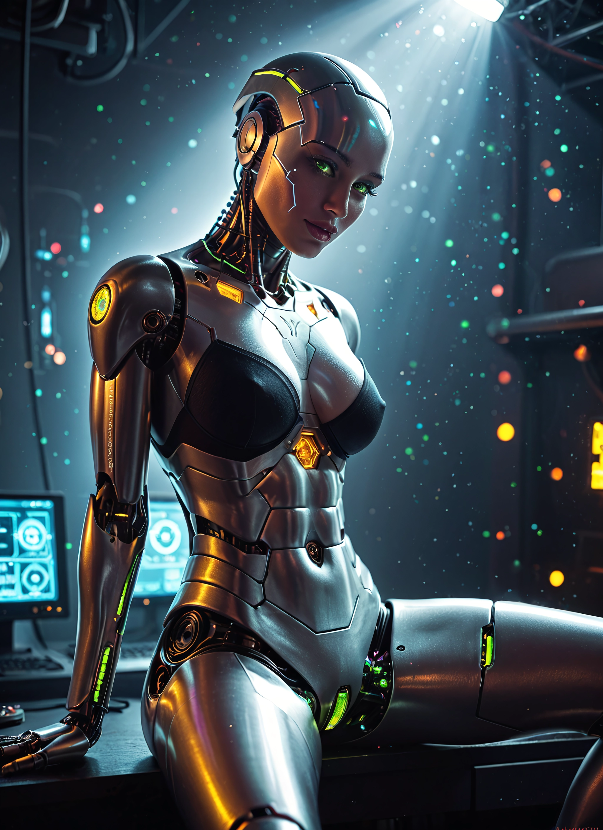 1girl, solo, green eyes, breasts, sitting, looking at viewer · Yamete.gg