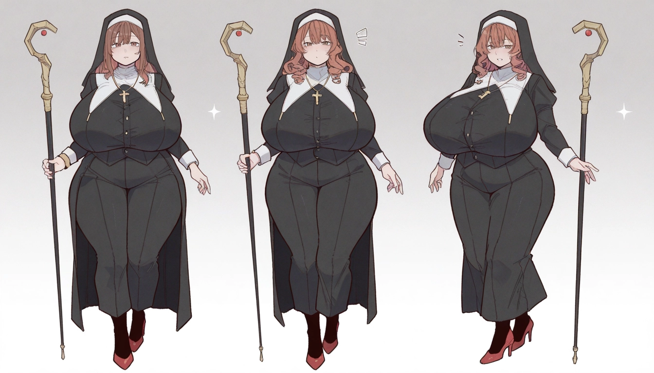 1girl, breasts, nun, staff, cross, habit