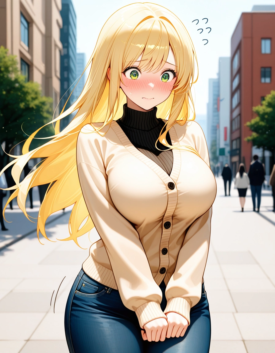breasts, blonde hair, blush, green eyes, long hair, denim · Yamete.gg