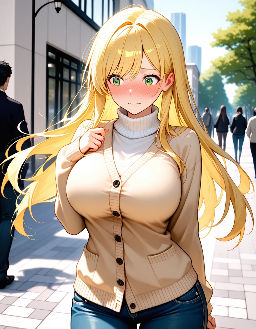 blush, breasts, blonde hair, long hair, large breasts, green eyes · Yamete.gg