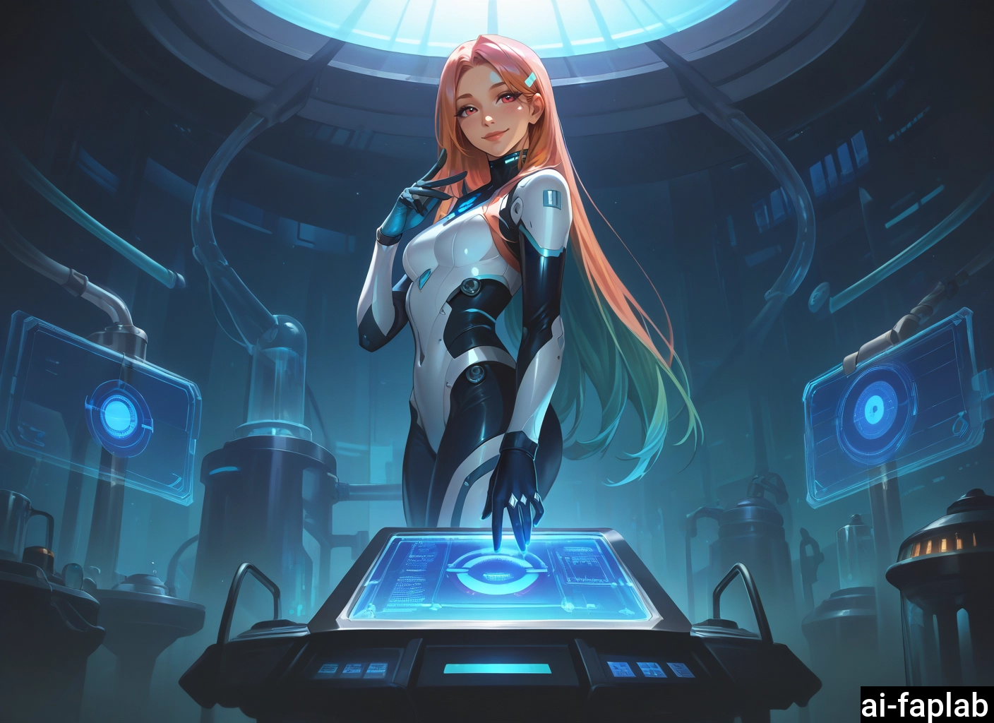 1girl, bodysuit, long hair, solo, looking at viewer, multicolored hair