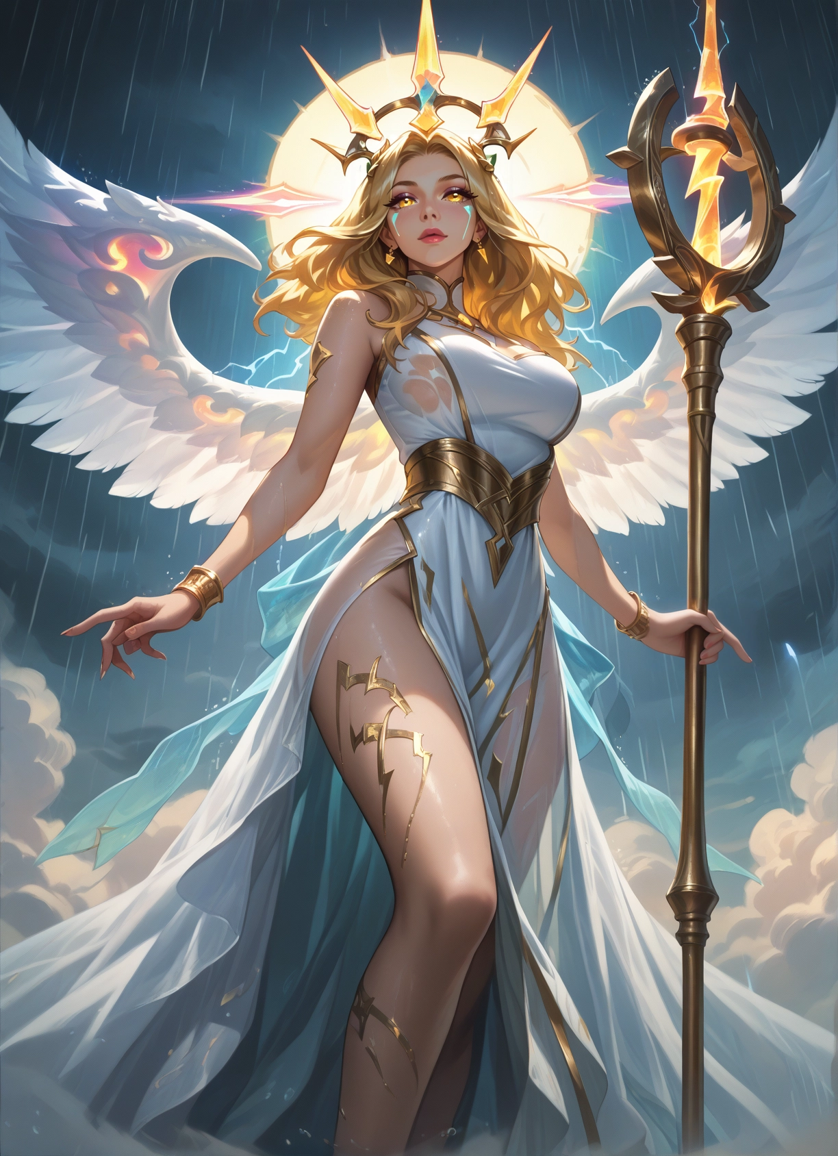 1girl, solo, rain, jewelry, dress, wings · Yamete.gg