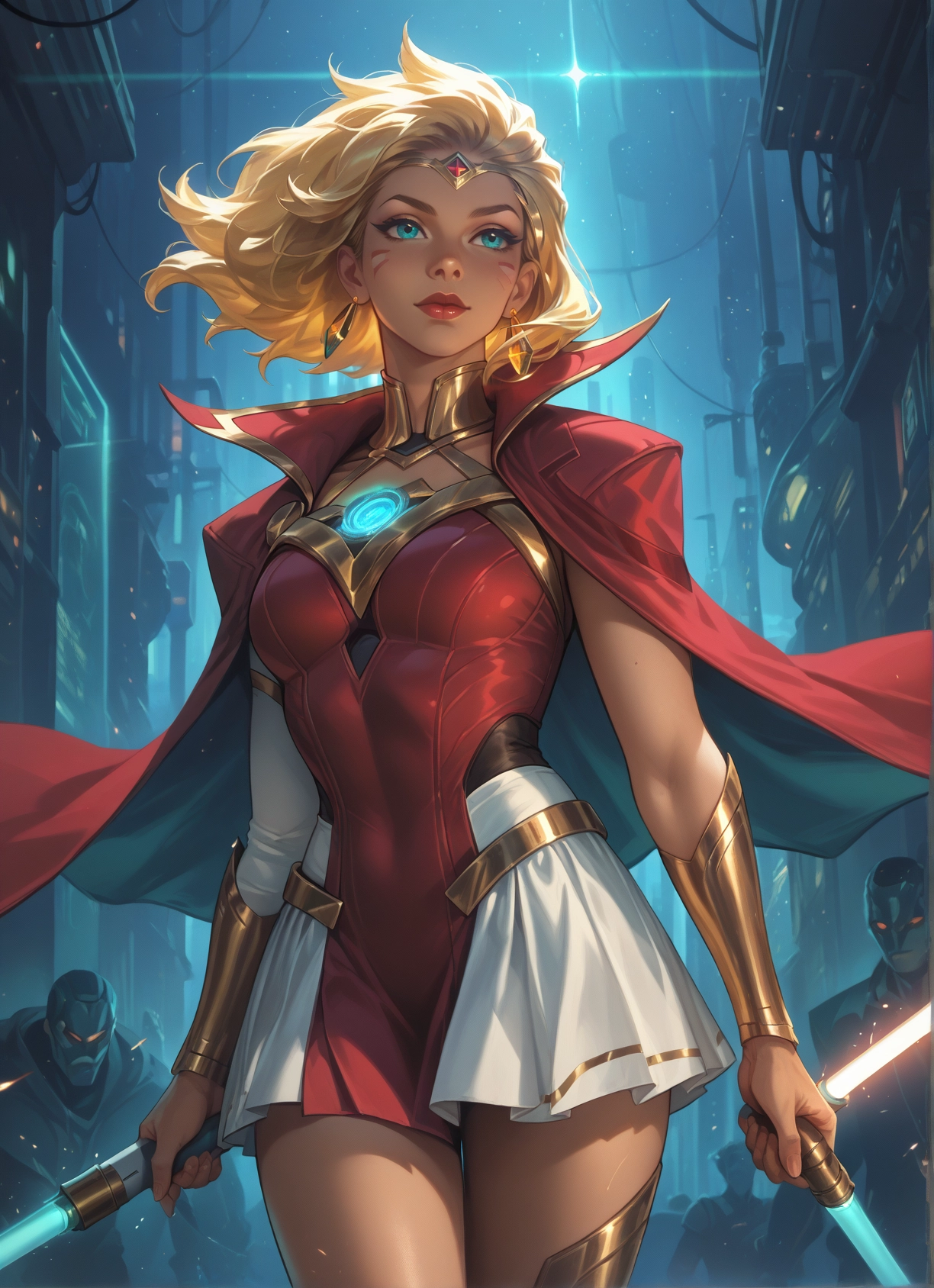 1girl, blonde hair, jewelry, earrings, weapon, cape · Yamete.gg
