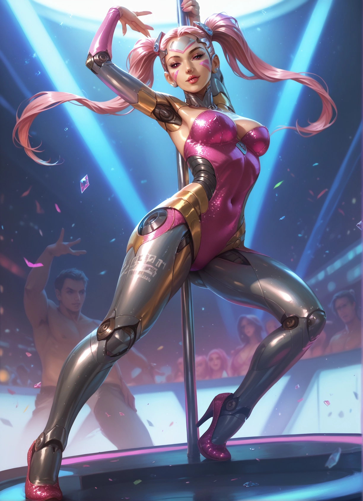 twintails, breasts, pink hair, high heels, pole dancing, facial mark · Yamete.gg