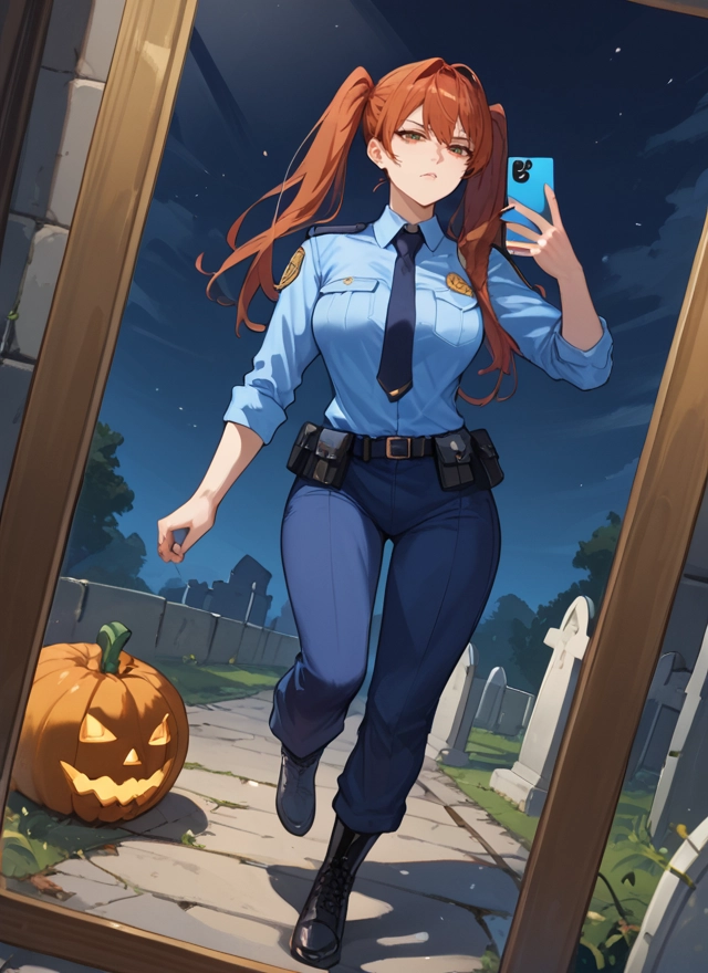 1girl, twintails, phone, necktie, police, uniform · Yamete.gg