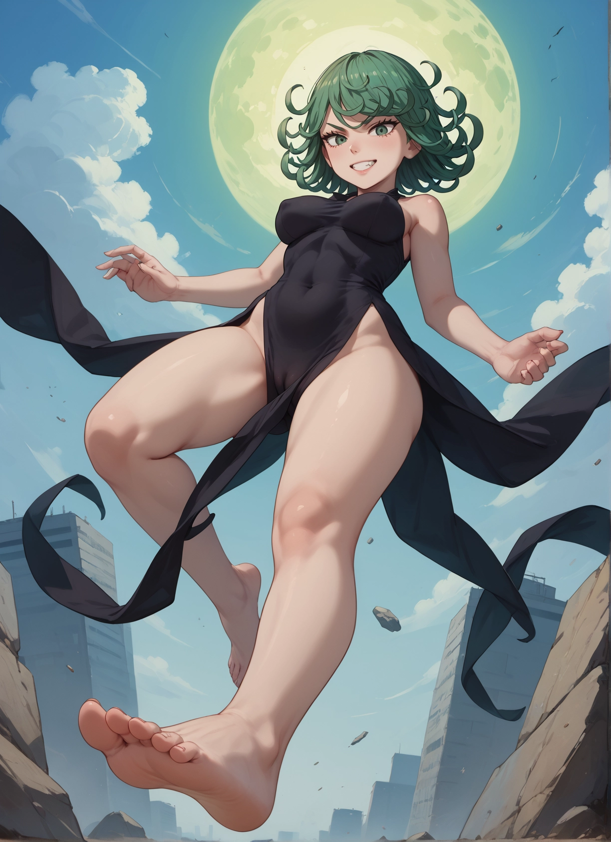 1girl, barefoot, dress, feet, green eyes, green hair · Yamete.gg