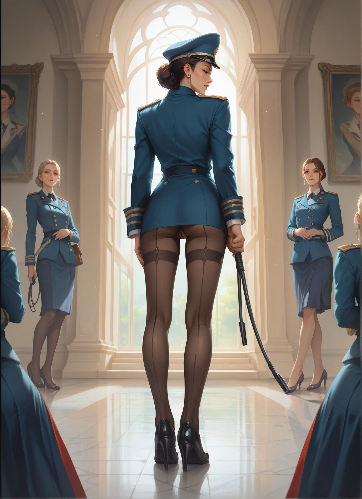 pantyhose, multiple girls, high heels, skirt, uniform, hat · Yamete.gg