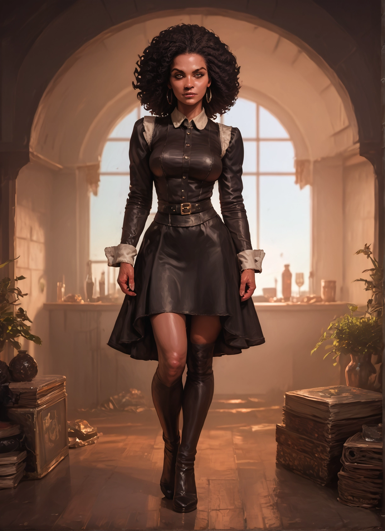 1girl, solo, jewelry, boots, earrings, black hair · Yamete.gg