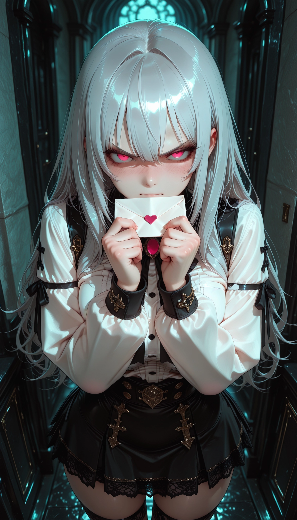 1girl, solo, skirt, long hair, thighhighs, holding · Yamete.gg