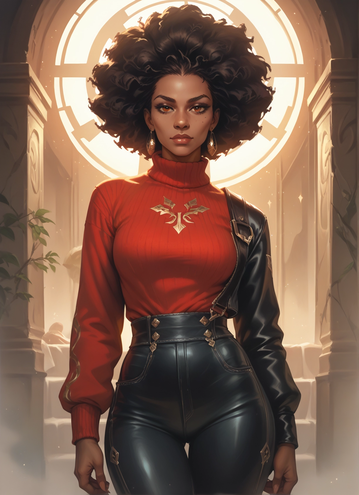1girl, jewelry, earrings, dark skin, sweater, pants · Yamete.gg