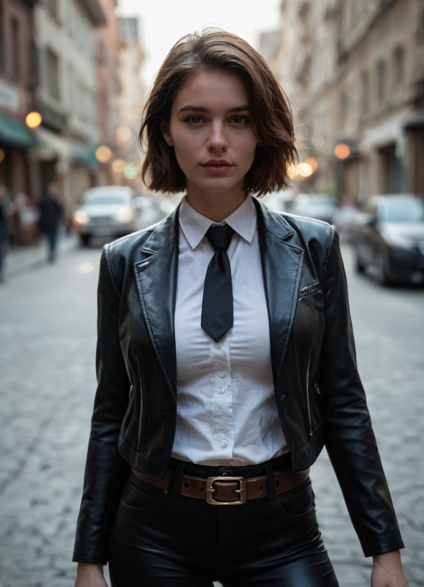 1girl, blurry background, realistic, blurry, necktie, shirt