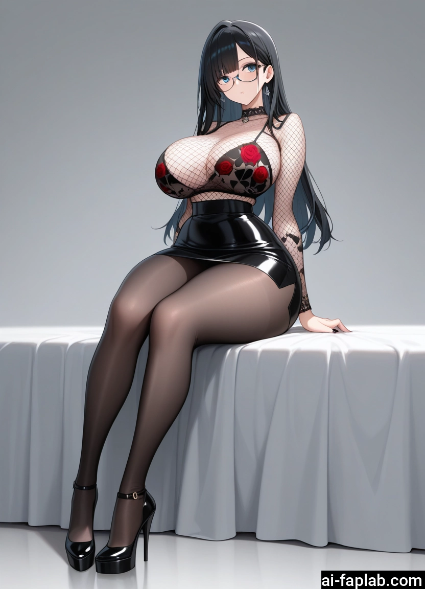 1girl, breasts, pantyhose, black hair, high heels, blue eyes