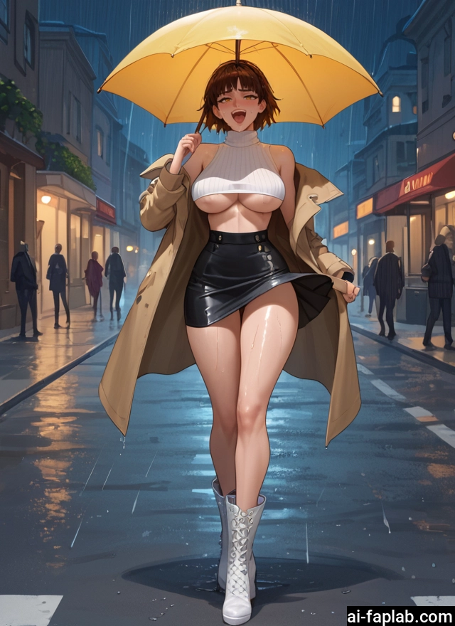 breasts, umbrella, skirt, rain, brown hair, boots · Yamete.gg