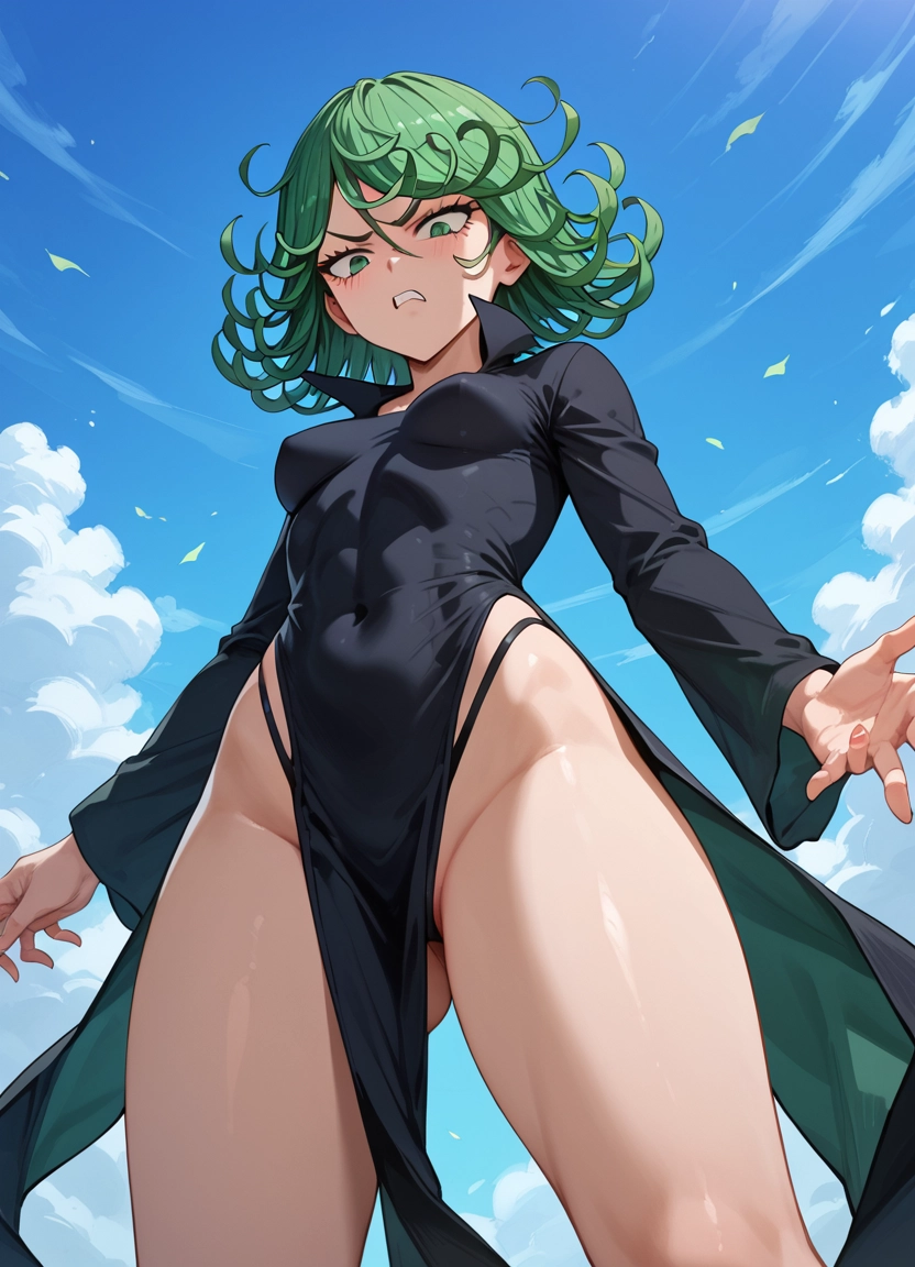 1girl, green eyes, solo, dress, green hair, breasts · Yamete.gg
