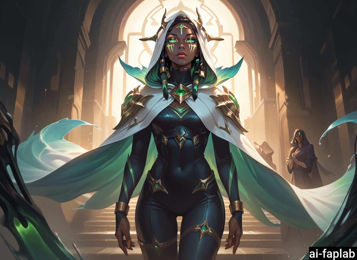 dark skin, green eyes, 1girl, hood, dark-skinned female, solo focus · Yamete.gg