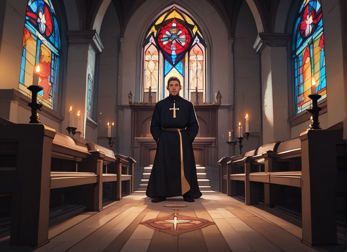 1boy, male focus, cross, solo, candle, stained glass