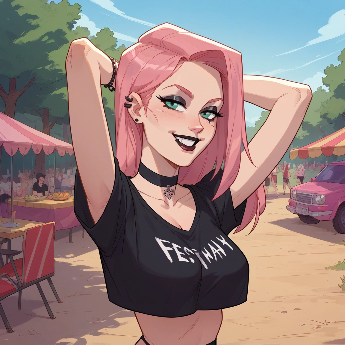 pink hair, choker, breasts, makeup, smile, jewelry · Yamete.gg