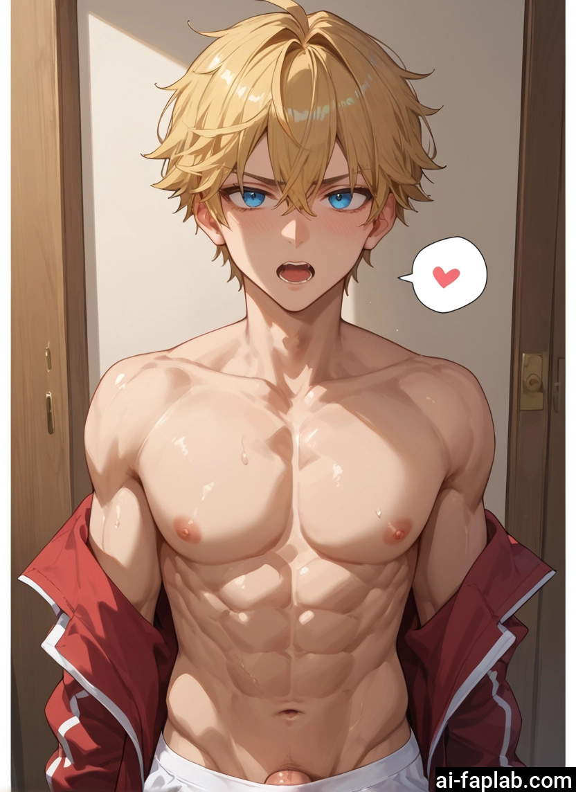 bara, male focus, 1boy, blonde hair, blue eyes, heart