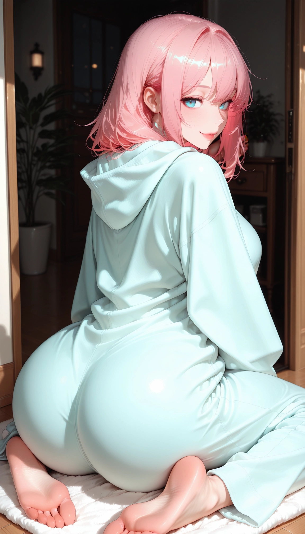 1girl, barefoot, pink hair, looking at viewer, solo, ass · Yamete.gg