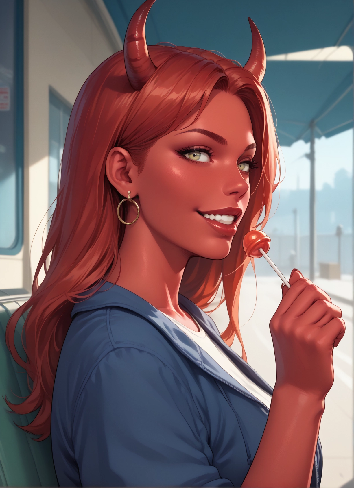 1girl, food, horns, candy, jewelry, earrings · Yamete.gg
