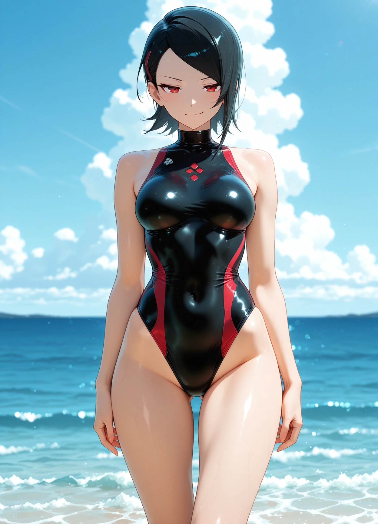 1girl, red eyes, solo, swimsuit, one-piece swimsuit, black hair · Yamete.gg