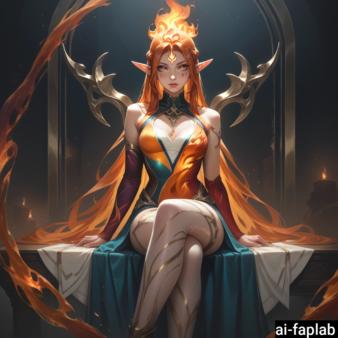 1girl, pointy ears, solo, long hair, sitting, crossed legs · Yamete.gg